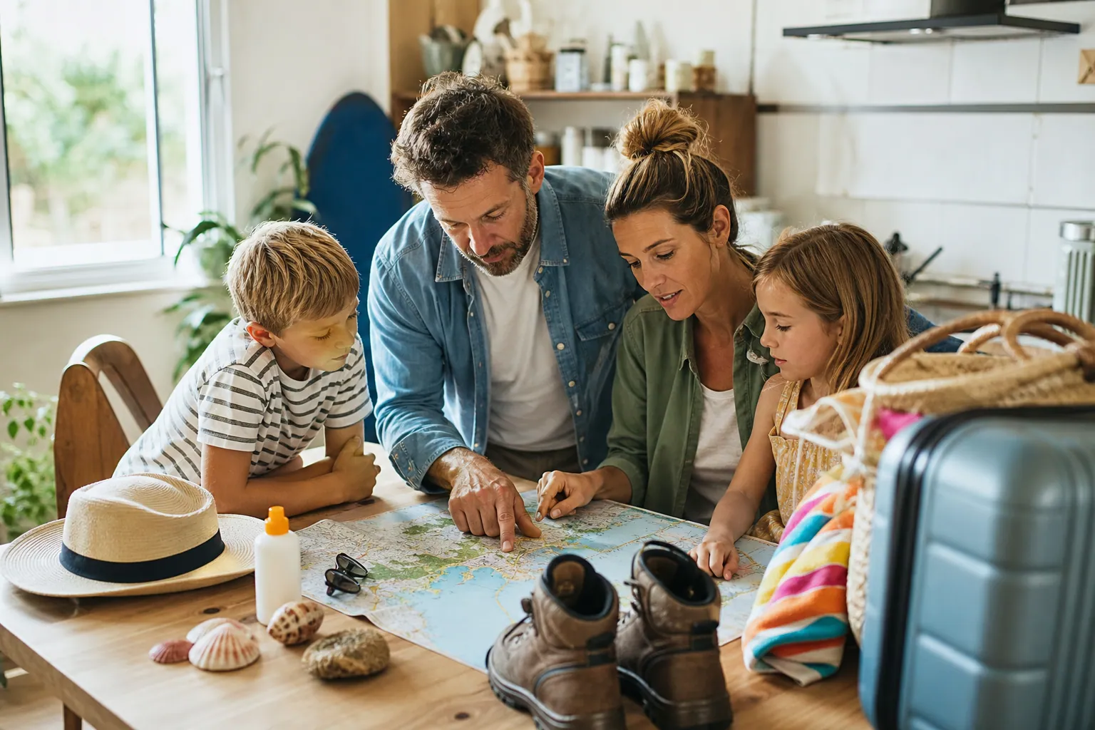 Famille autour d'une table, en plein choix entre vacances à la mer et à la montagne.