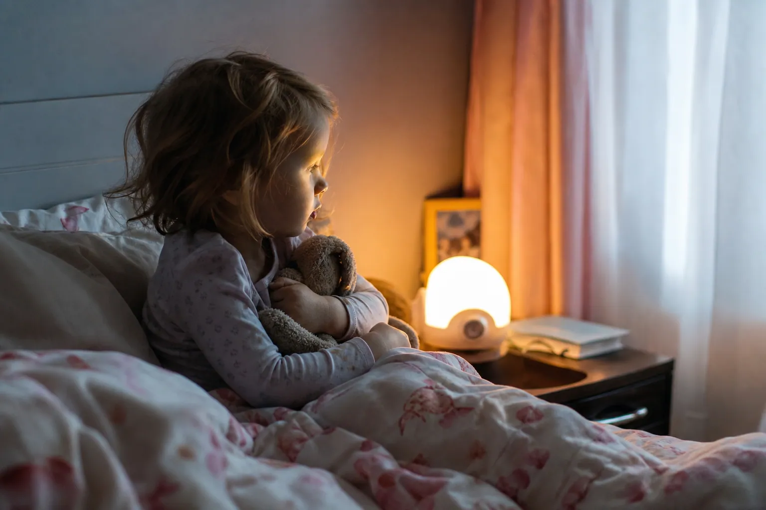 Un jeune enfant assis dans son lit serre sa peluche et regarde vers la fenêtre, près d'une veilleuse allumée.