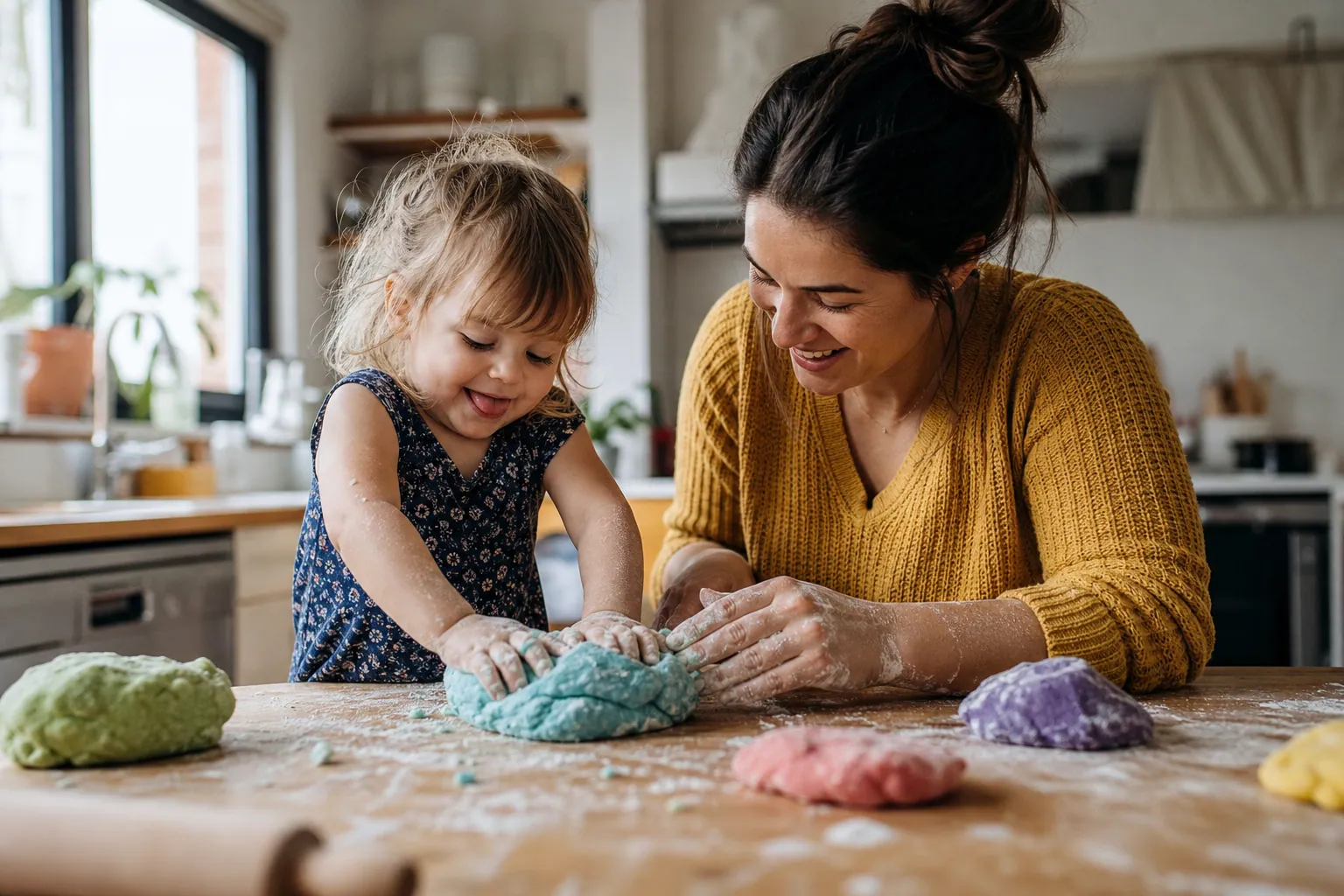 Un enfant pétrit avec un parent de la pâte à modeler maison colorée sur une table de cuisine