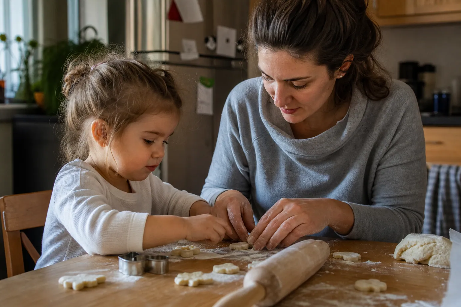 Un enfant façonne avec un parent des formes en pâte à sel sur une table de cuisine en bois