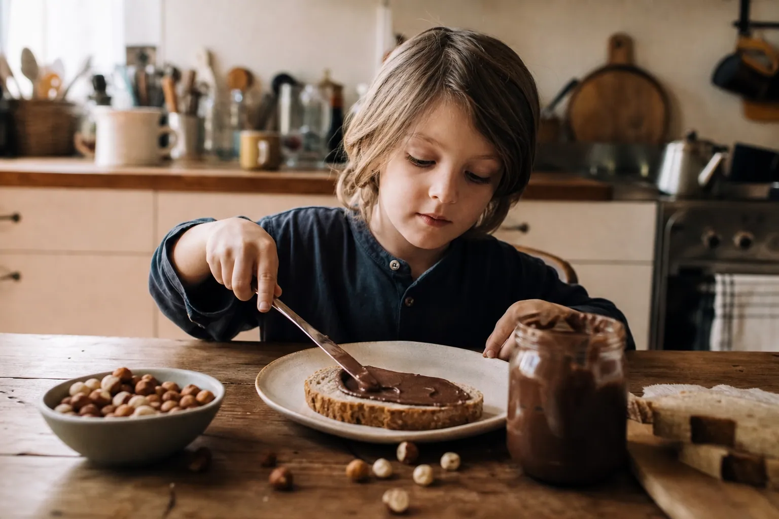 Un enfant tartine du pain avec de la pâte à tartiner maison au chocolat et à la noisette.