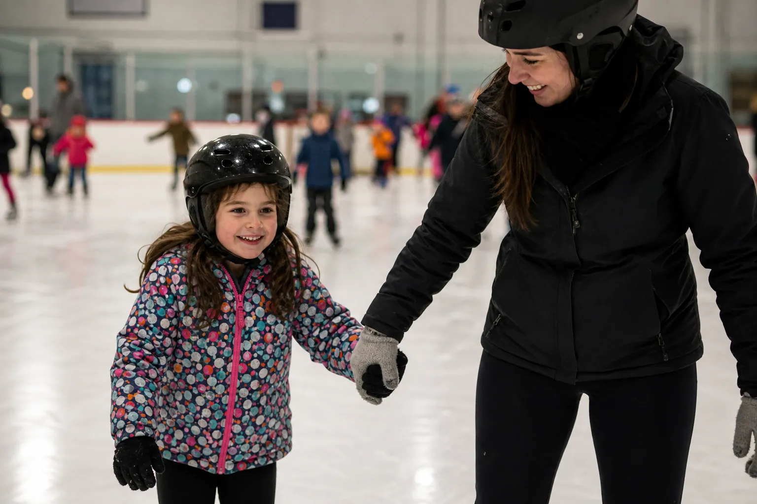 Un enfant apprend le patin à glace en tenant la main d'un parent sur une patinoire.