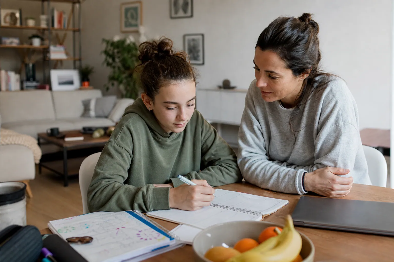 Parent et adolescent organisant ensemble les tâches et les devoirs à la maison.