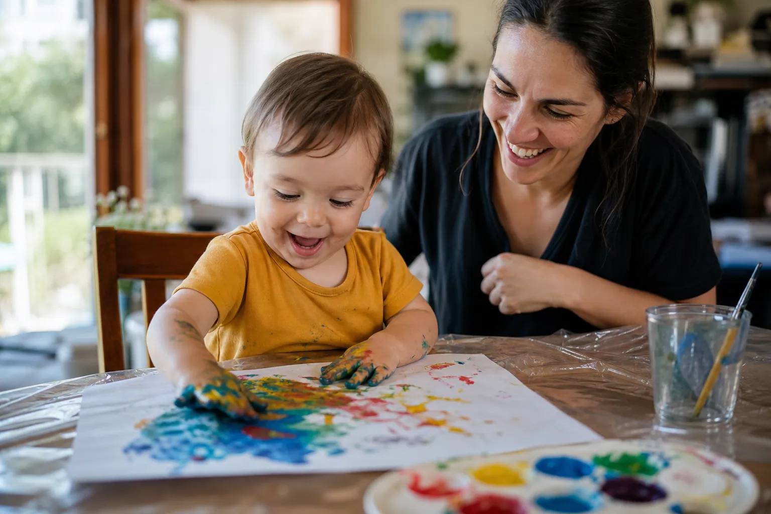 Un jeune enfant peint avec ses doigts des couleurs vives sur une feuille de papier.