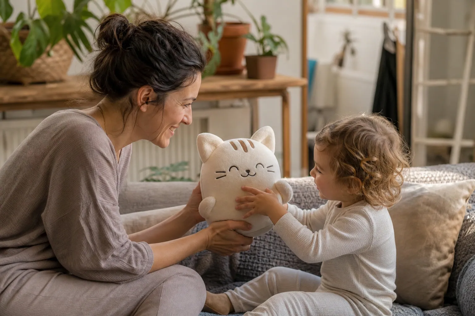 Parent tendant une peluche chat kawaii à un enfant assis sur un canapé chaleureux.