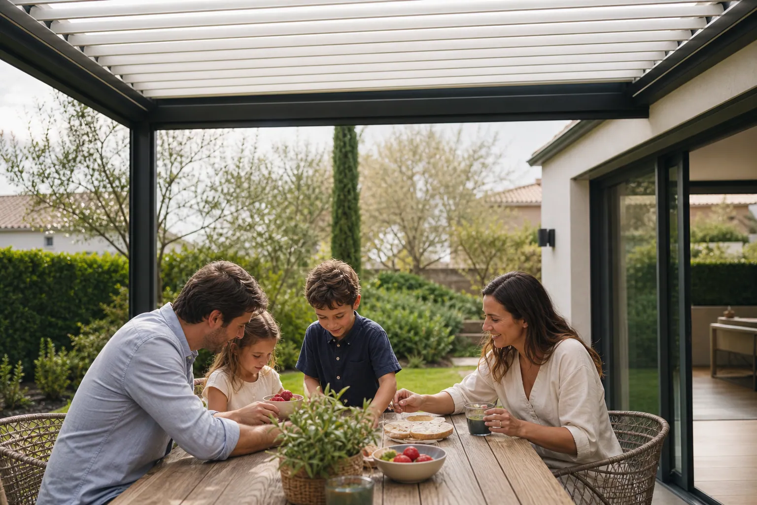 Famille française sous une pergola bioclimatique sur une terrasse conviviale