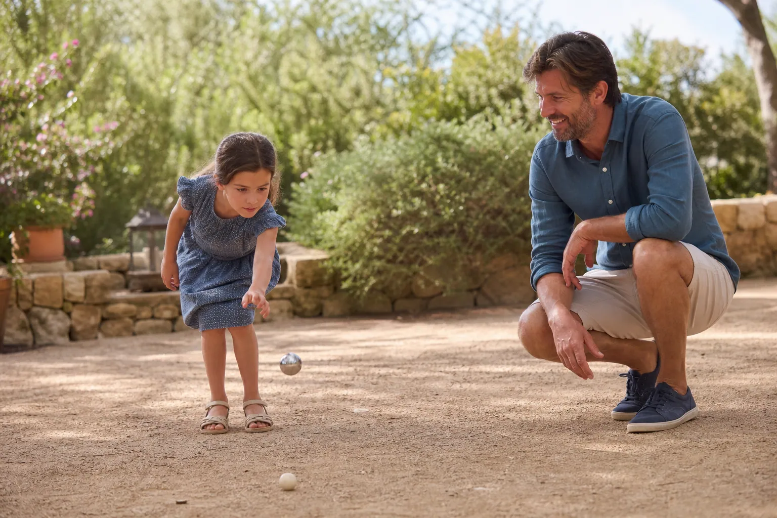 Un enfant lance une boule de pétanque légère vers le cochonnet dans un jardin ensoleillé.