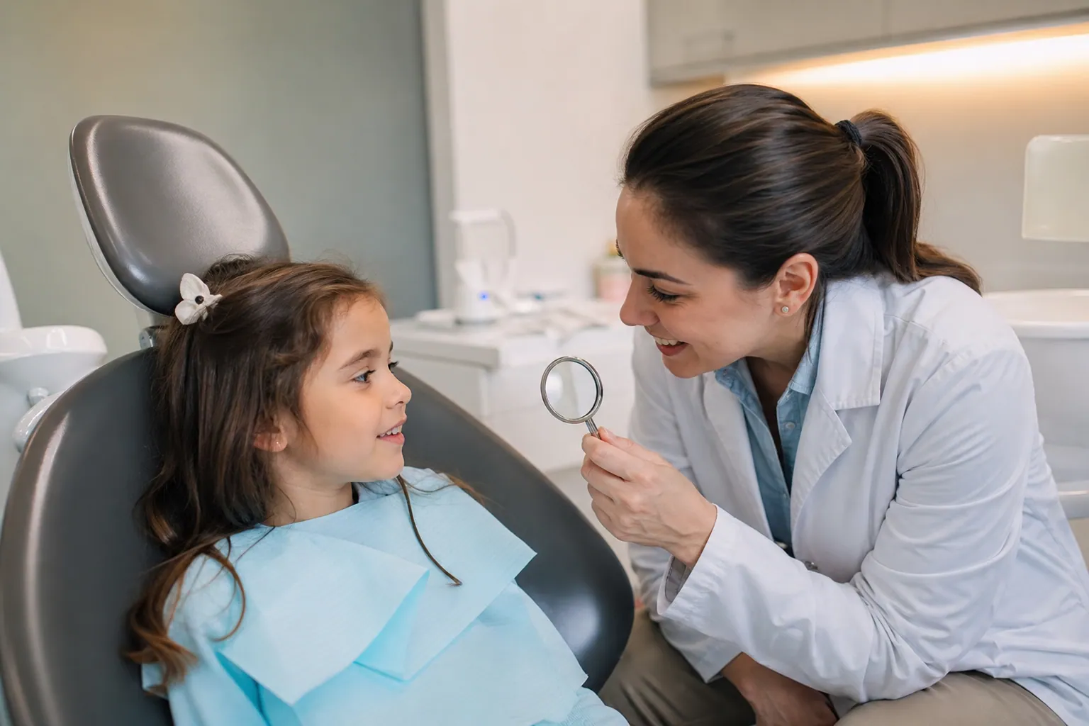 Jeune enfant souriant et détendu sur un fauteuil de dentiste, avec une dentiste bienveillante à ses côtés.