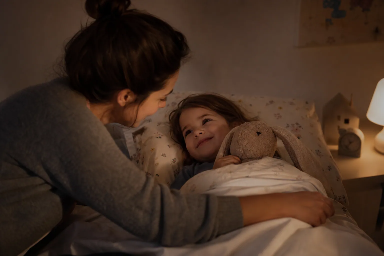 Parent bordant son enfant dans son lit le soir, chambre éclairée par une veilleuse douce.