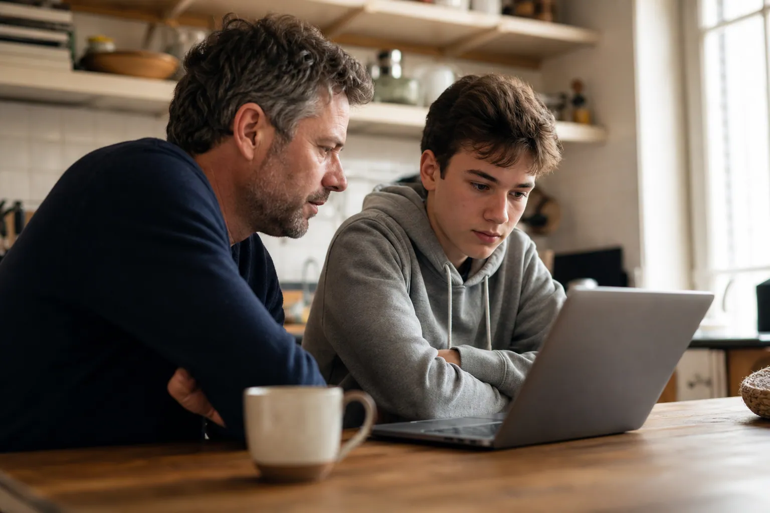 Parent et adolescent de 16 ans consultent un contrat d’intérim à la maison.