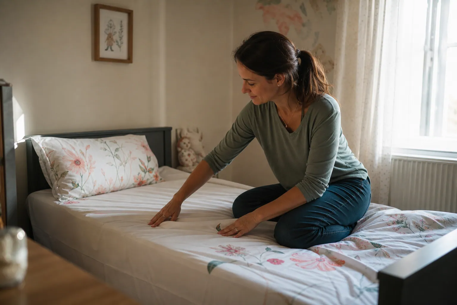 Une mère borde tendrement son jeune enfant dans un lit aux draps frais, lumière douce du matin.