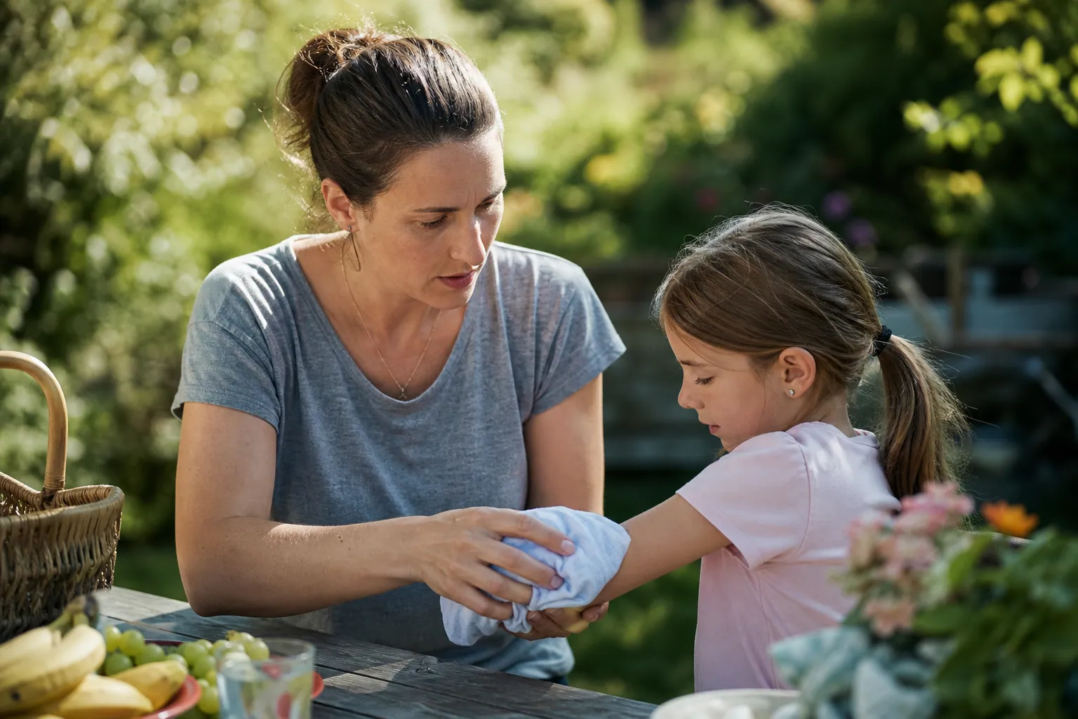 Un parent applique une compresse froide sur le bras d'un enfant après une piqûre.