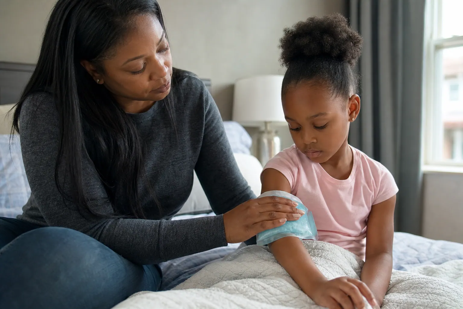 Un parent applique une compresse froide sur le bras d'un enfant pour soulager une piqûre.