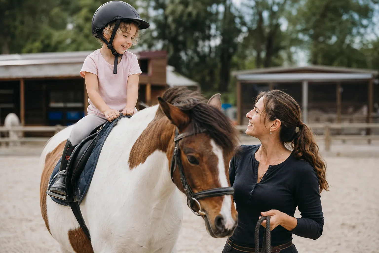 Un enfant coiffé d'une bombe monte un poney calme, tenu en longe par un accompagnateur.