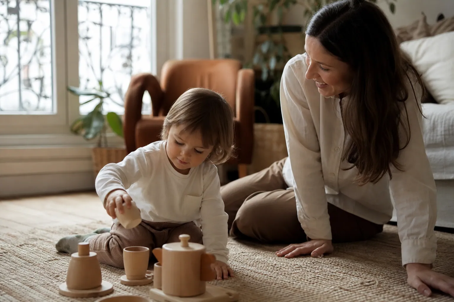 Enfant jouant avec une dinette en bois dans un salon chaleureux, avec un parent à côté.