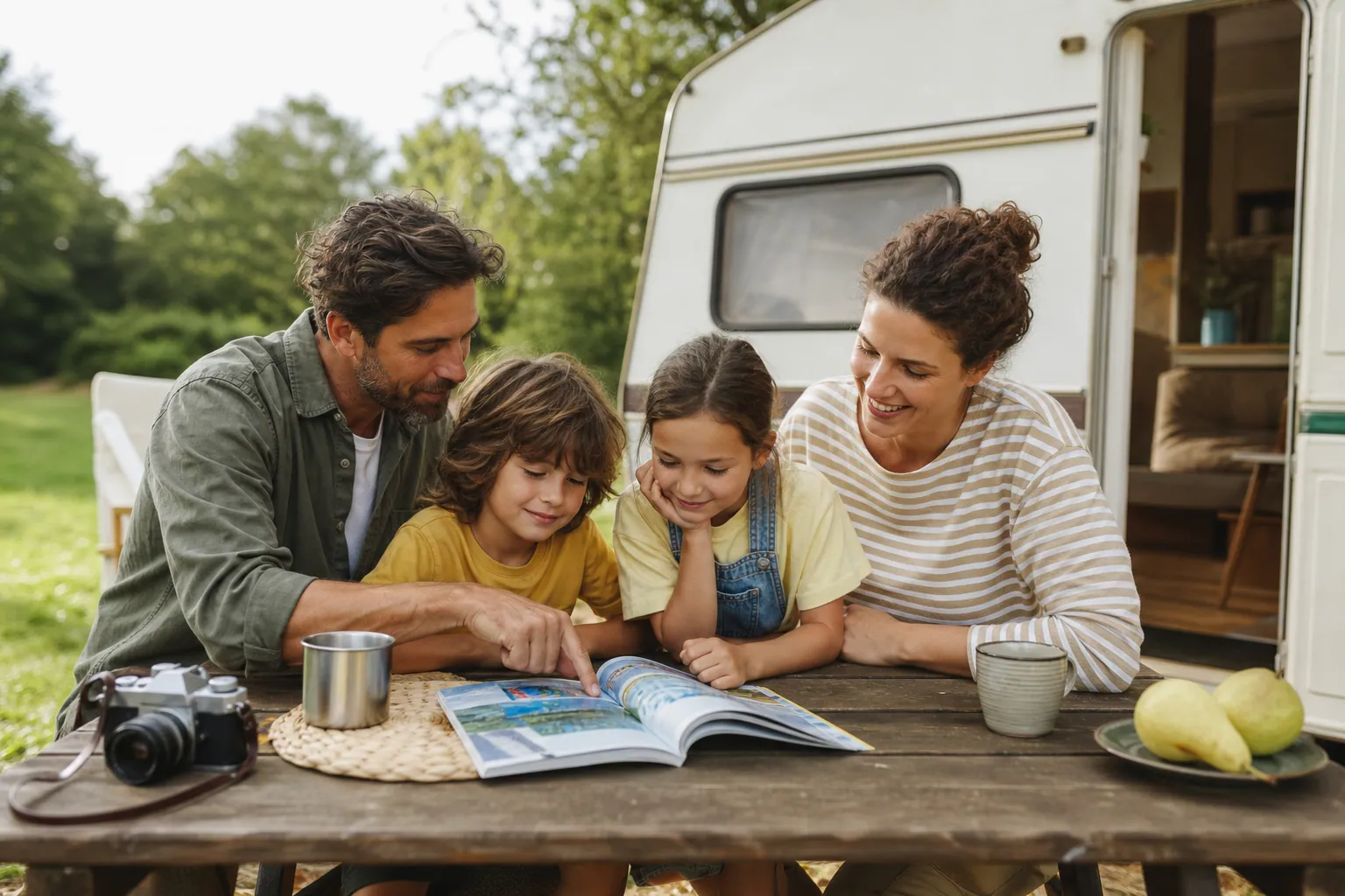 Famille française lisant un magazine de vacances sur une table de camping