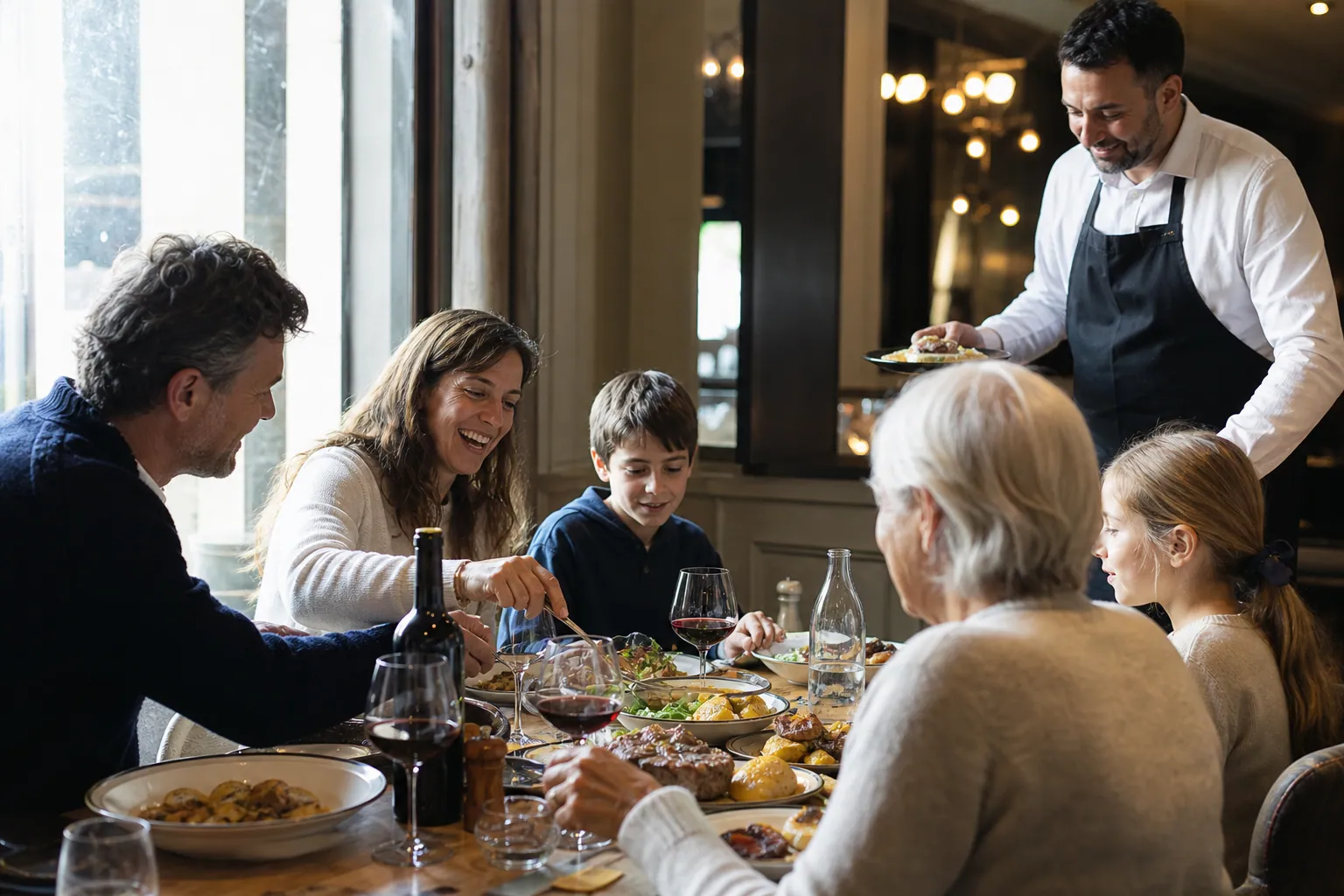 Famille française partageant un repas convivial dans un restaurant chaleureux