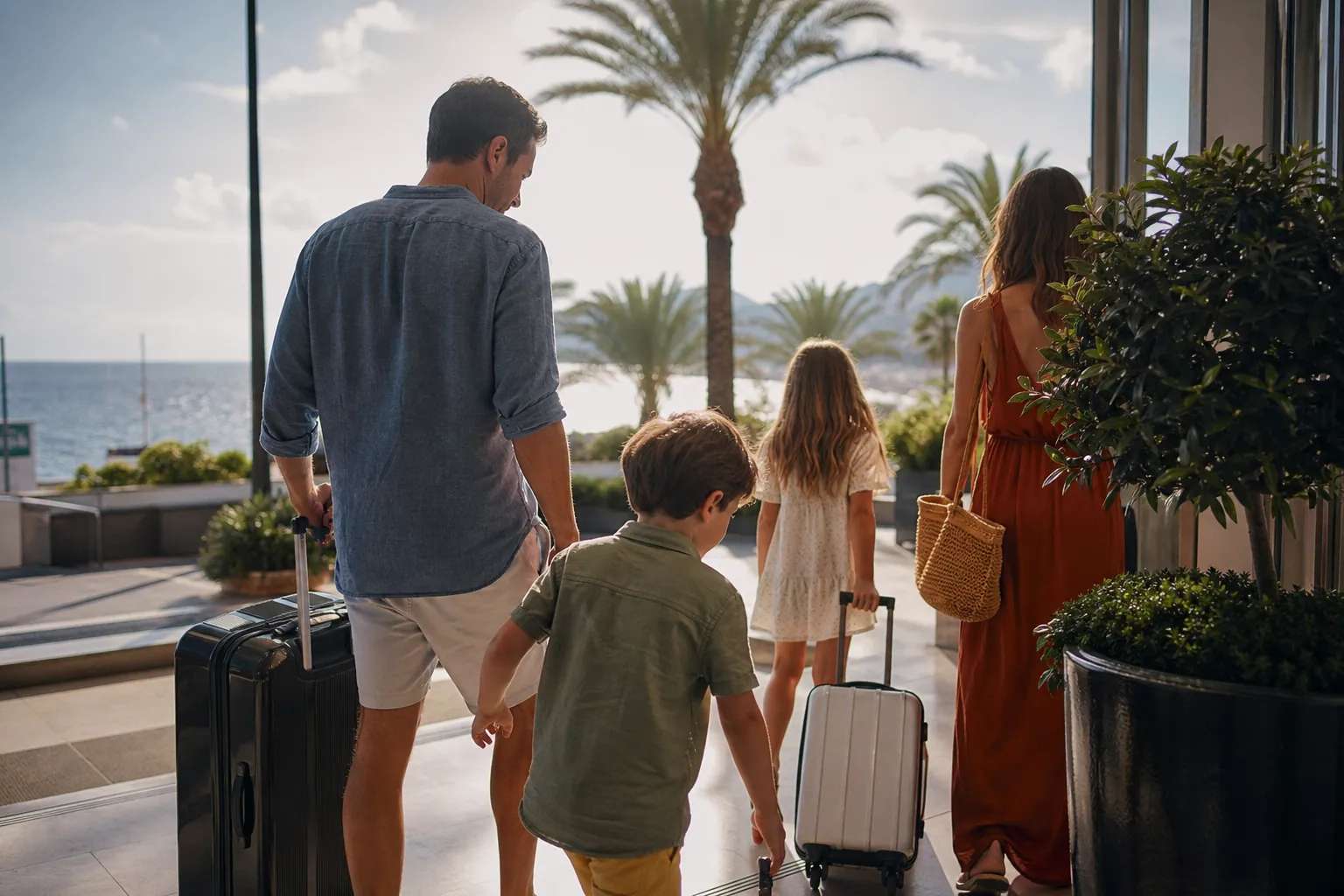 Famille arrivant dans un club vacances à Cannes, près de la mer.