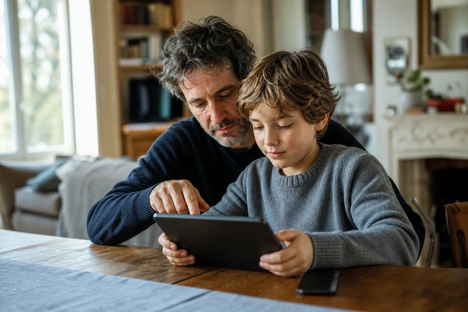 Parent et enfant utilisant une tablette ensemble dans un salon chaleureux, sous la surveillance d’un adulte.