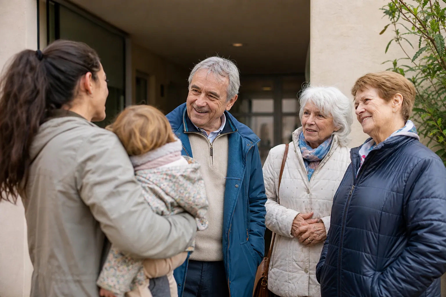 Des retraités bénévoles surveillent l’entrée d’une résidence et échangent avec une famille.