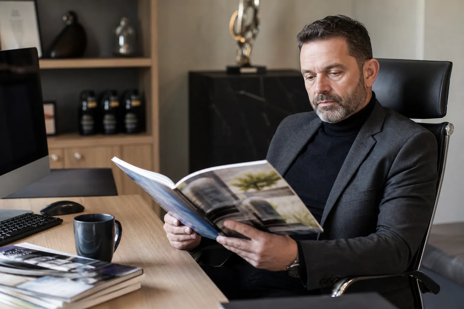 Professionnel du funéraire lisant un magazine spécialisé dans un bureau lumineux