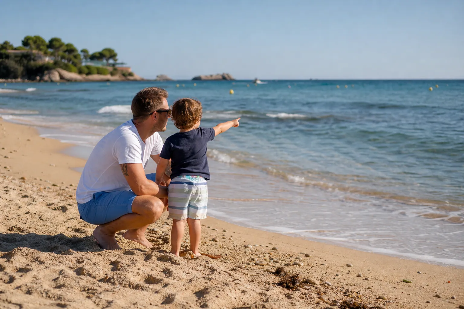Parent et enfant observant la mer bleue depuis la plage