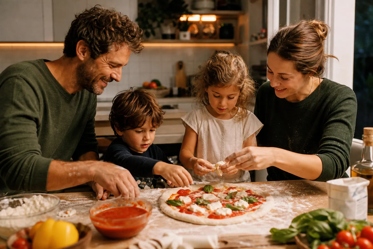 Famille préparant une pizza maison dans une cuisine chaleureuse