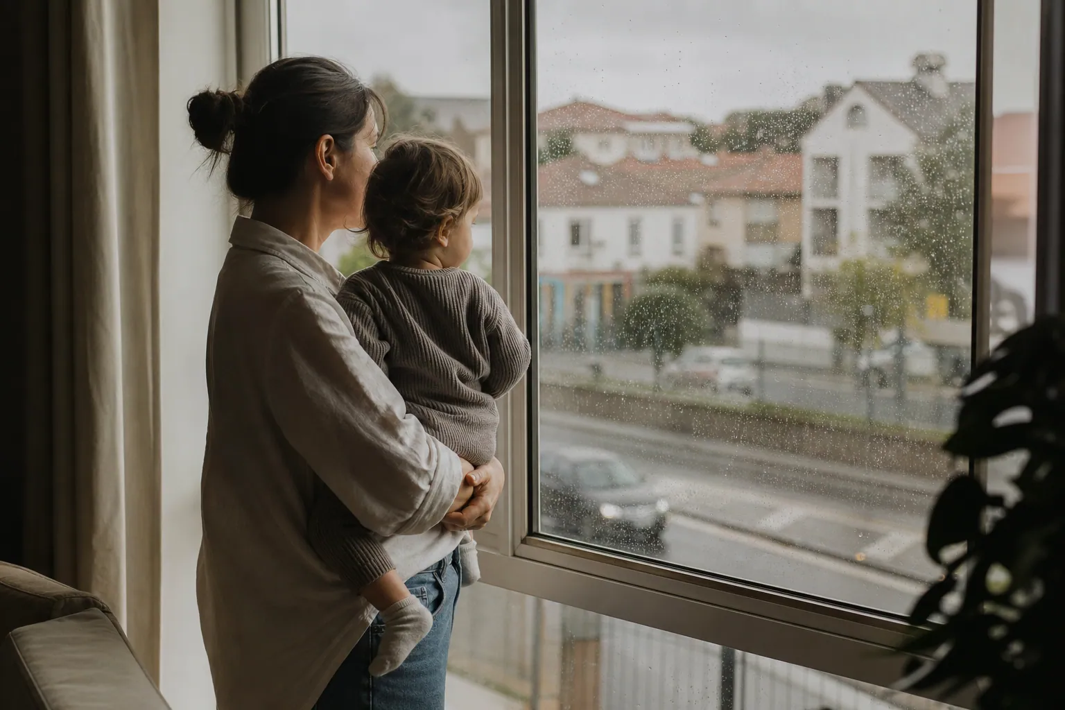 Parent et enfant regardant la pluie tomber derrière une fenêtre