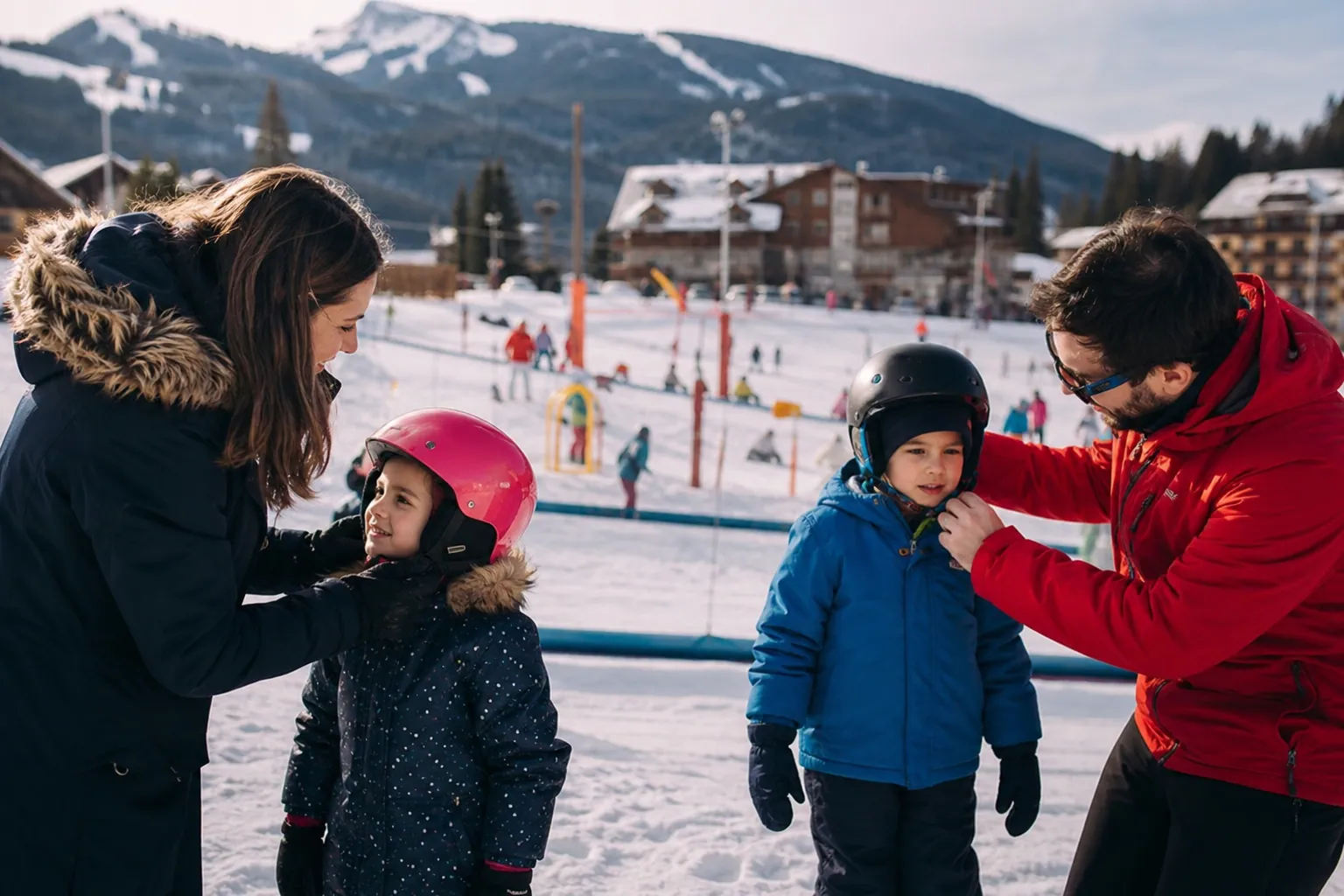 Famille française préparant les enfants avant une séance de ski débutant en station