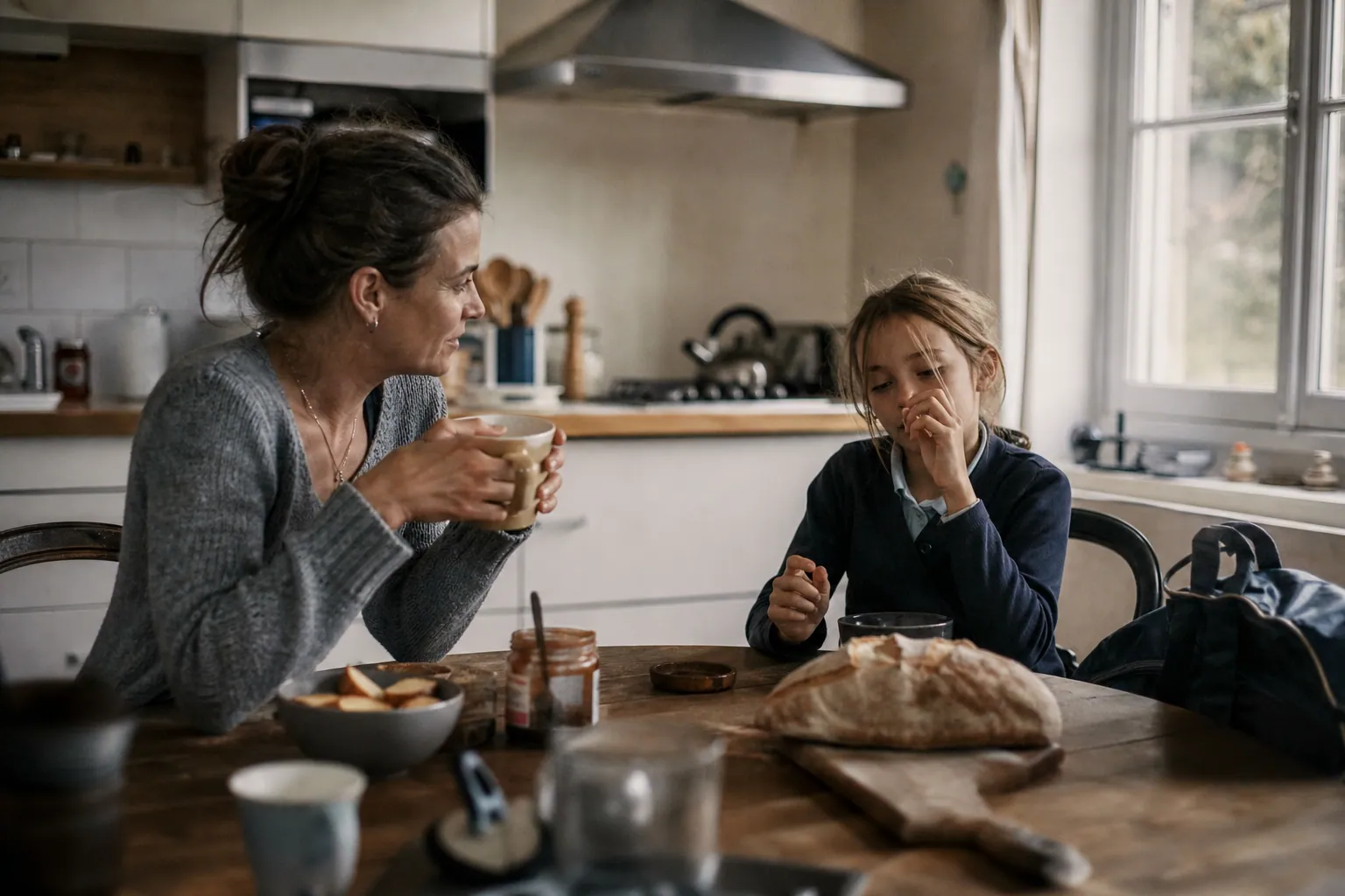 Parent et enfant à table le matin, avec sac d’école, dans une ambiance douce et réaliste.