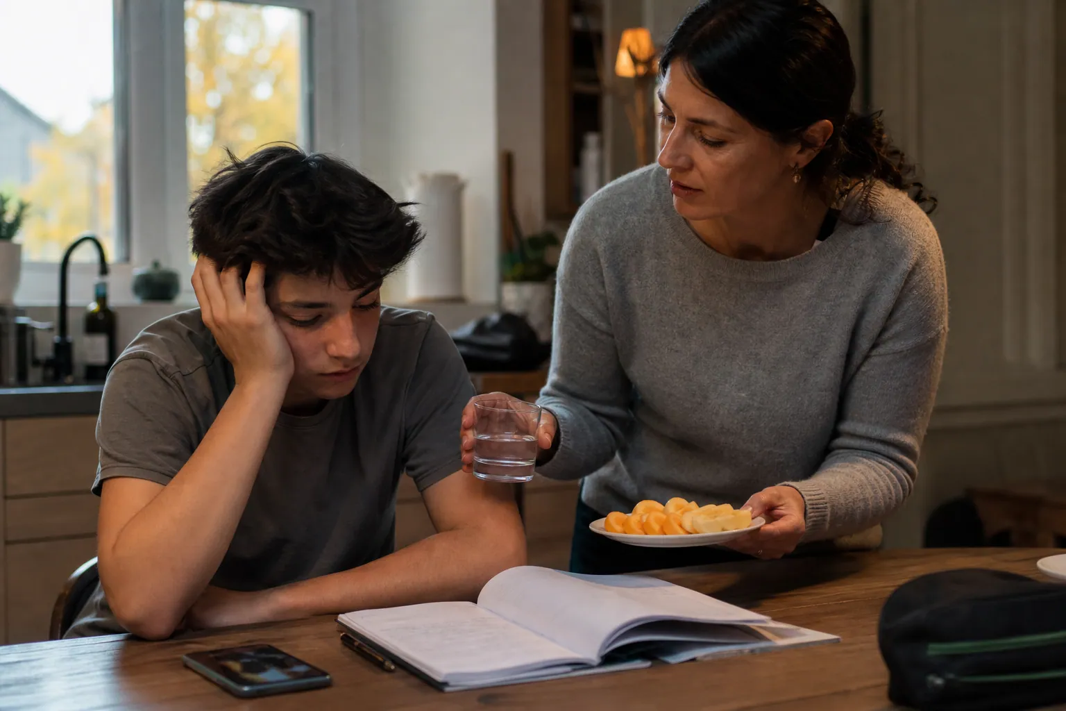 Adolescent fatigué à table avec sa mère dans une cuisine familiale chaleureuse.