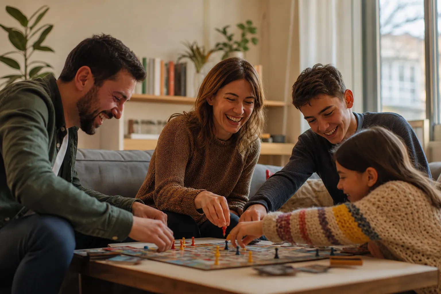Une famille regarde un dessin animé de voitures parlantes, avec des jouets voitures sur le canapé.