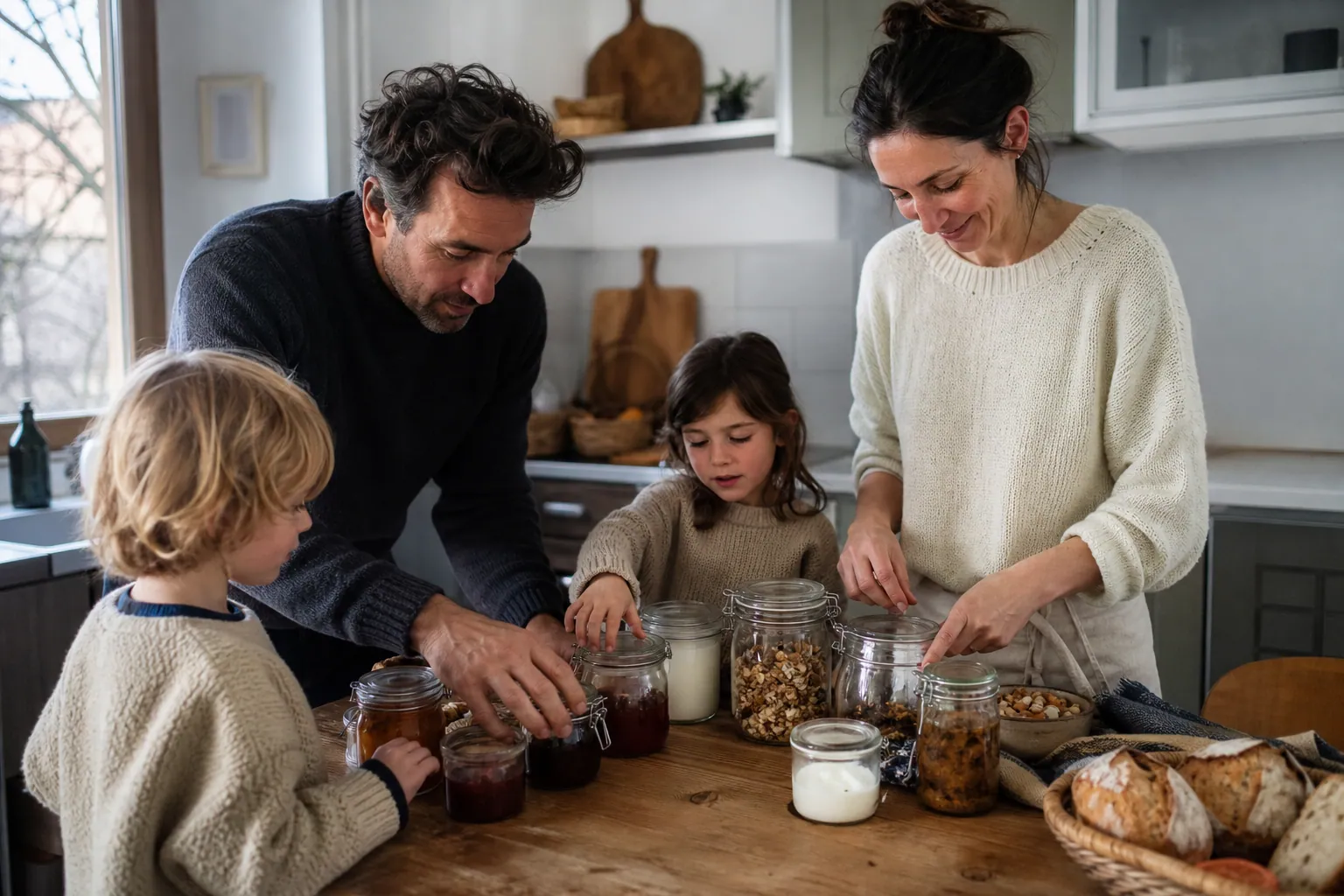 Famille française rangeant des aliments dans des bocaux en verre dans une cuisine lumineuse.