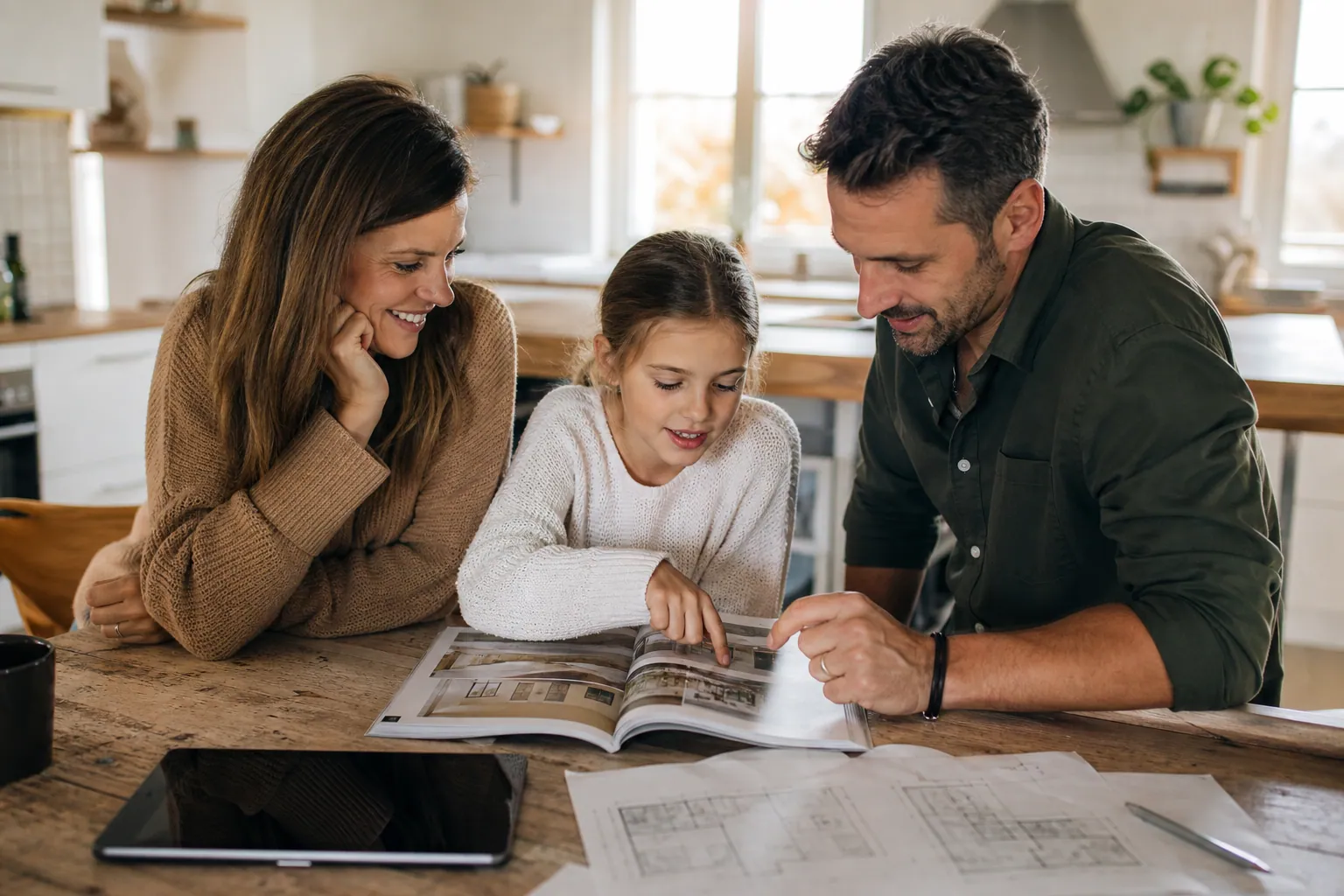 Famille française consultant un magazine sur l’immobilier neuf à la maison