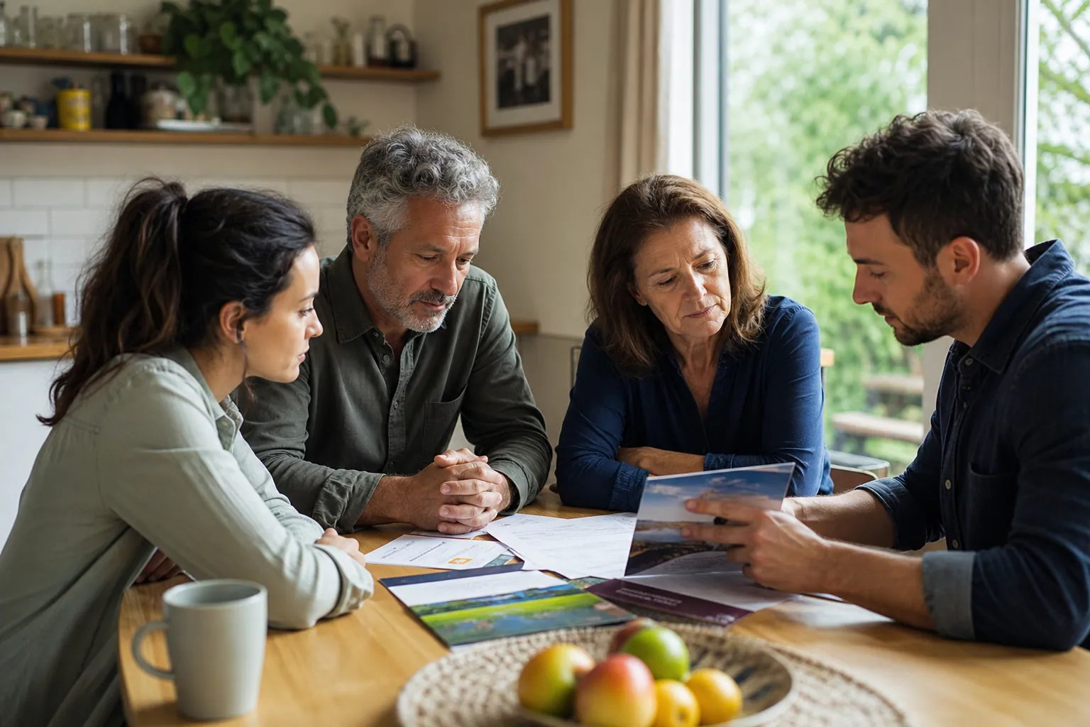 Famille française discutant sereinement de prévoyance autour d’une table