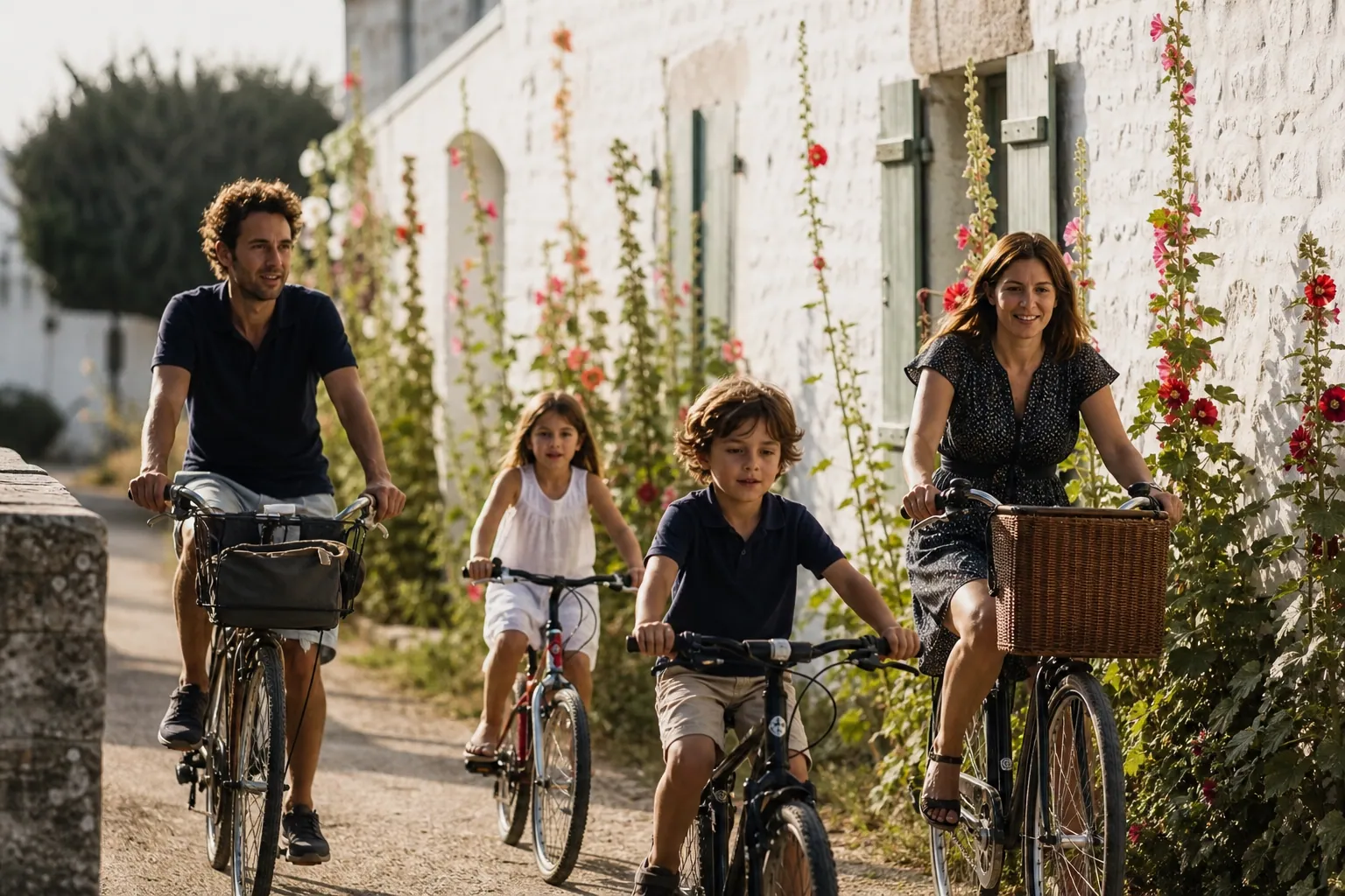 Une famille à vélo dans un village de l’île de Ré, au calme, sous une lumière douce
