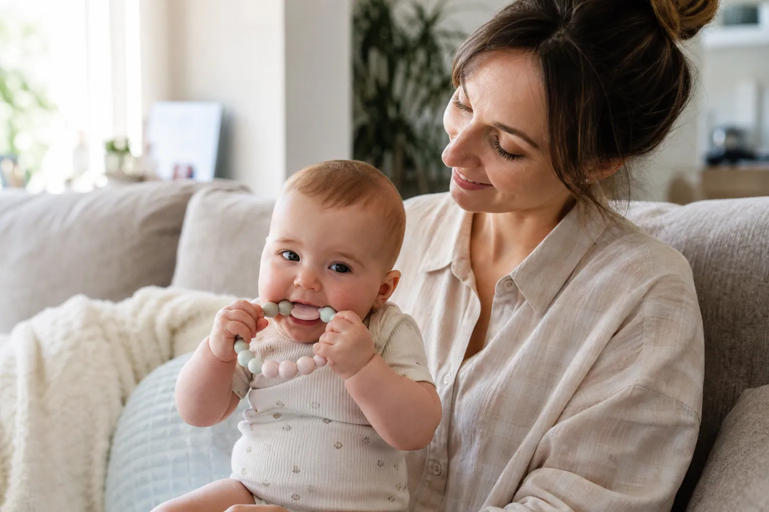 Maman apaisant son bébé qui mordille un anneau de dentition dans le salon.