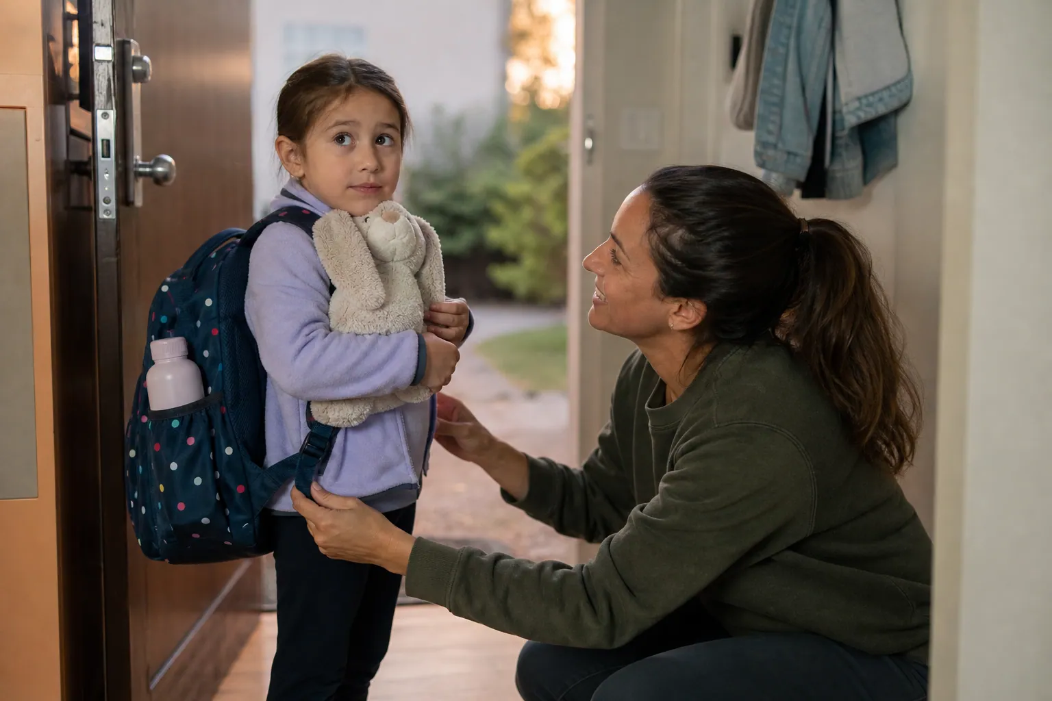 Un enfant tient son sac et son doudou dans l'entrée pendant qu'un parent accroupi ferme le sac.