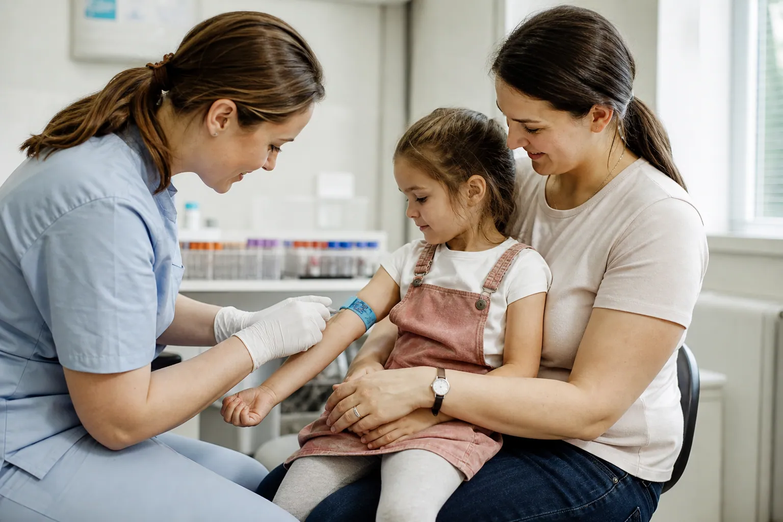 Un enfant assis sur les genoux d'un parent pendant une prise de sang, rassuré par une infirmière.