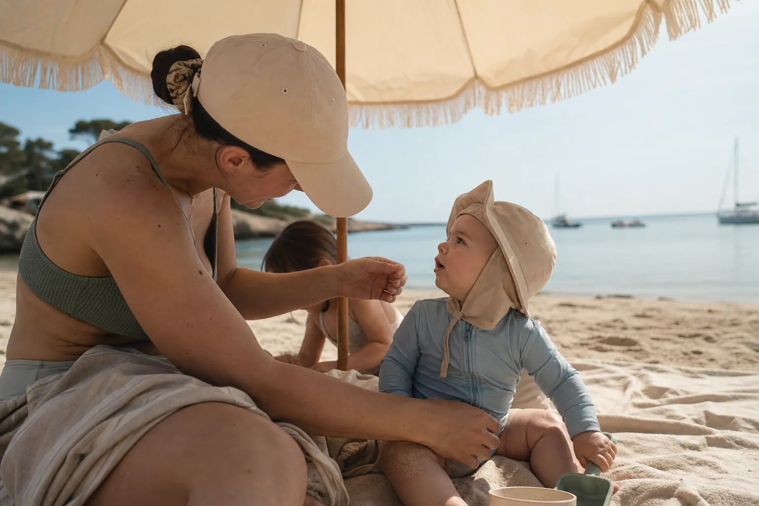 Parent protégeant un bébé à la plage sous un parasol, en bord de mer.