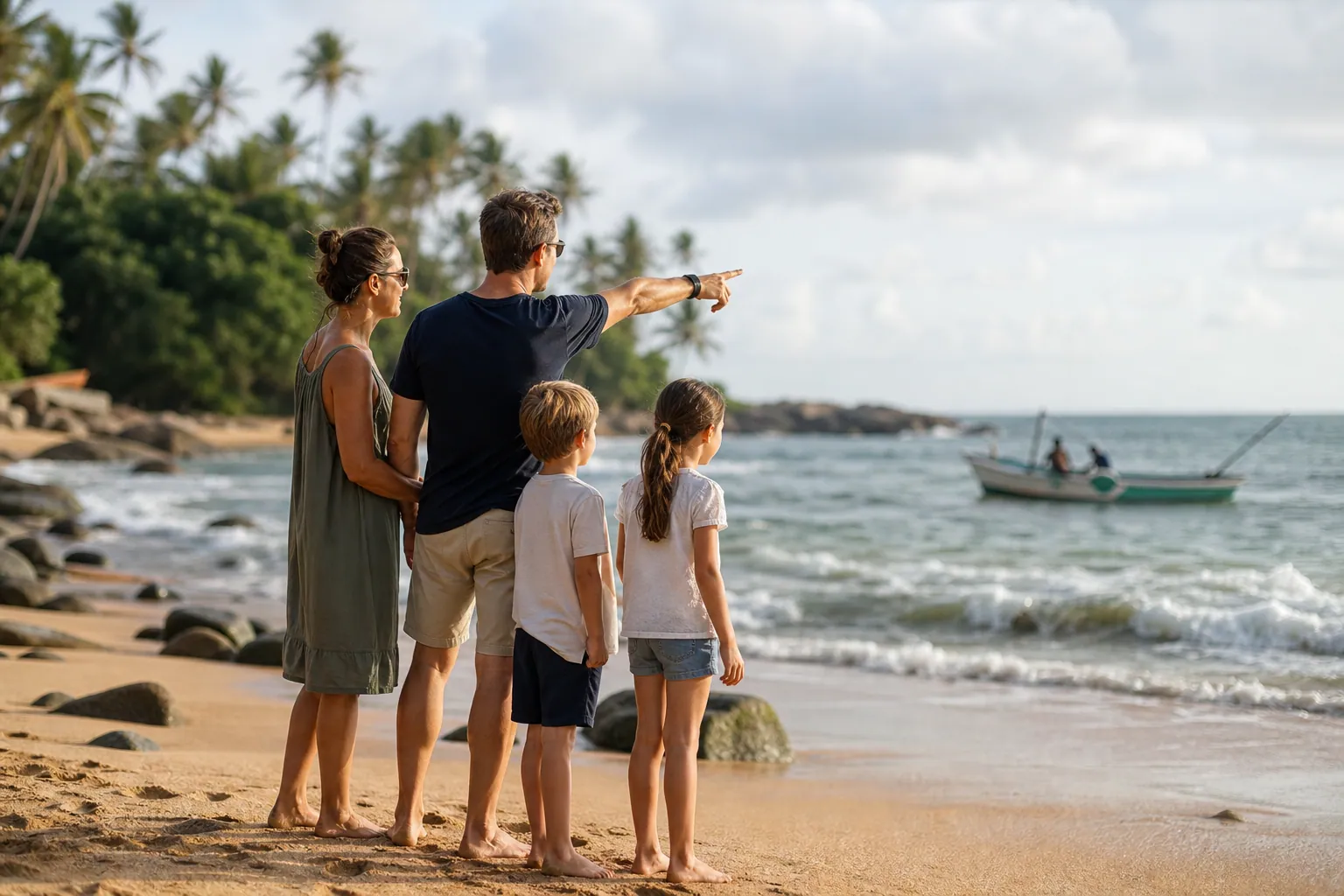 Famille française sur une plage tropicale du Sri Lanka au lever du soleil