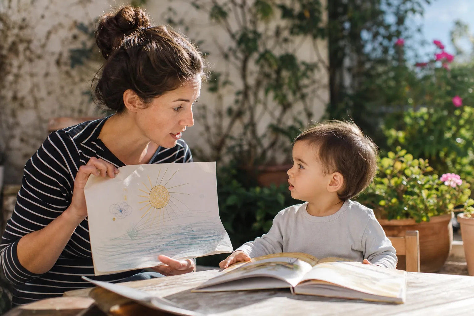Parent expliquant le soleil à un enfant dans un jardin ensoleillé.