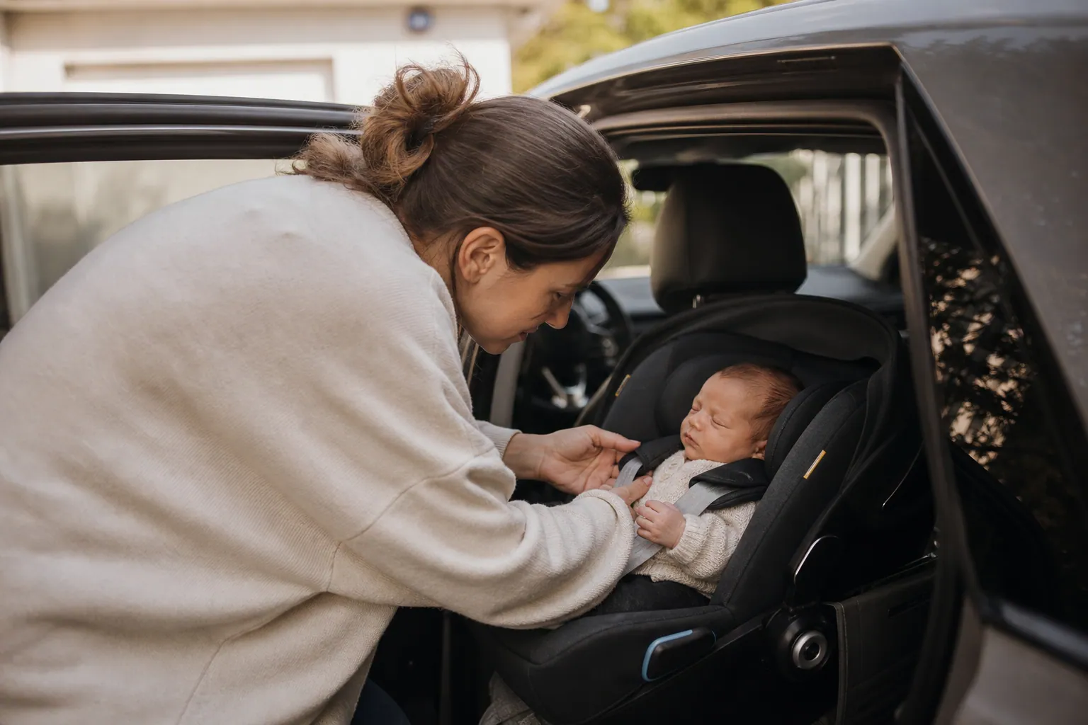 Un parent installe bébé dans un siège auto, dans une ambiance familiale rassurante.