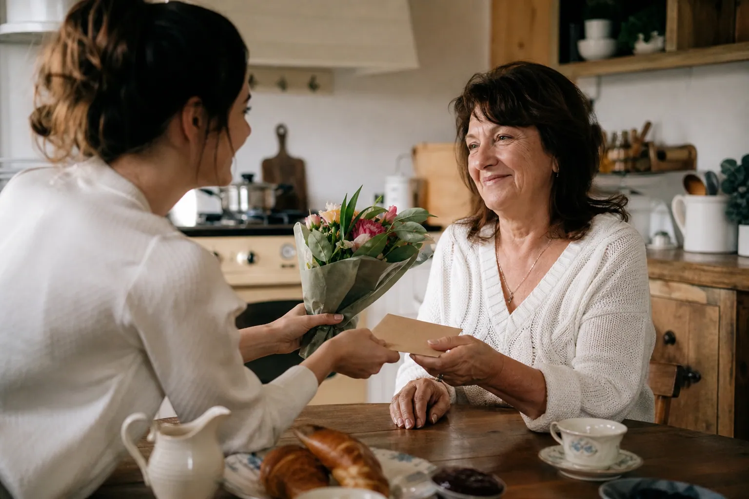 Un enfant adulte offre une carte et des fleurs à sa mère dans une cuisine chaleureuse.