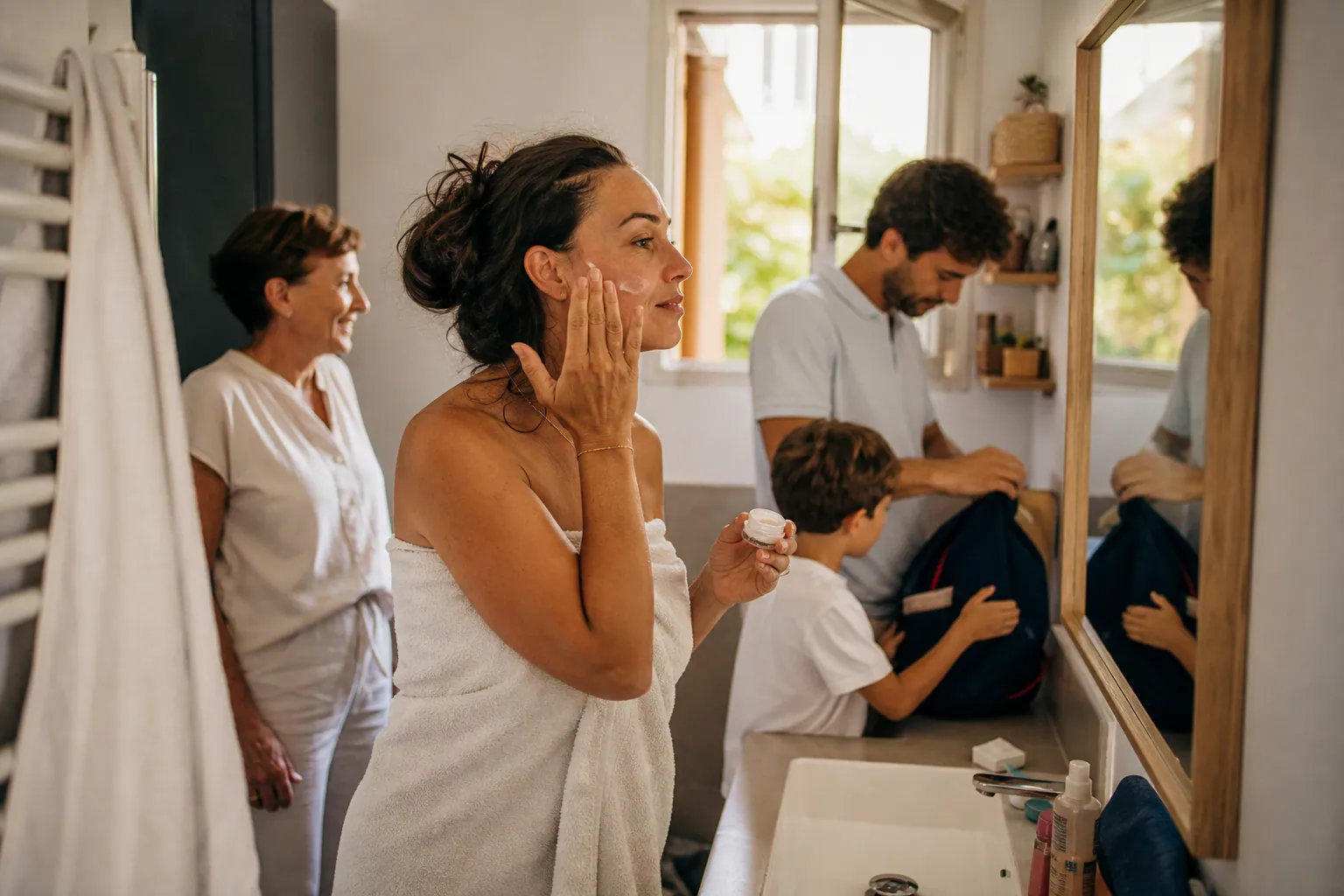 Famille française dans la salle de bain, routine de soins anti-âge au quotidien.