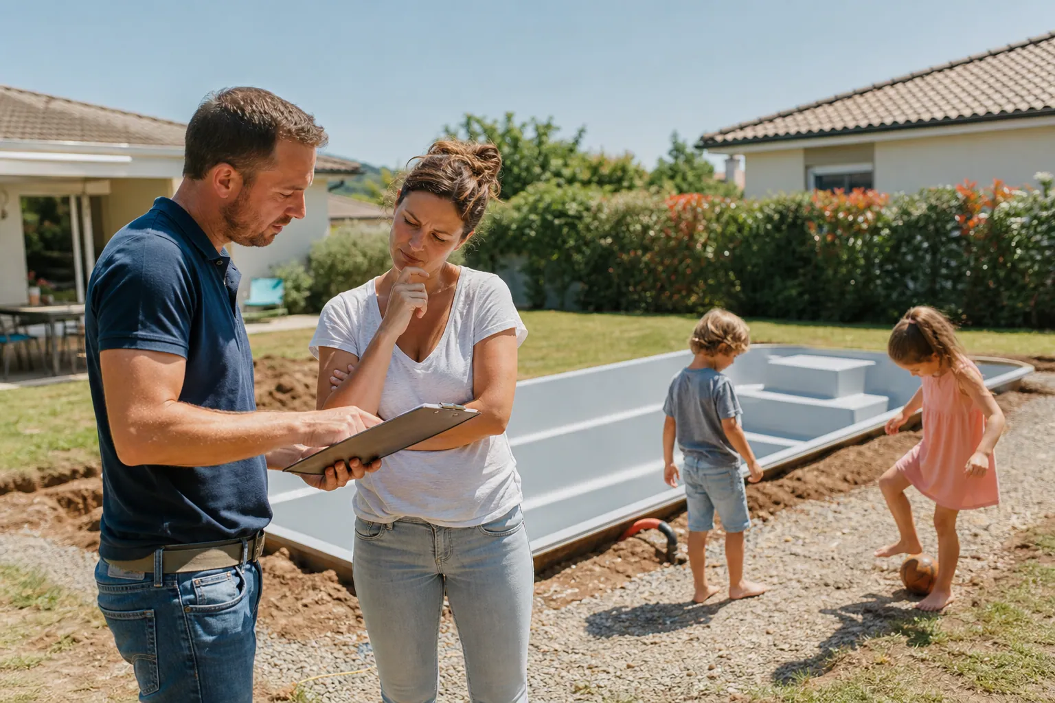 Famille française devant une piscine coque en installation dans un jardin