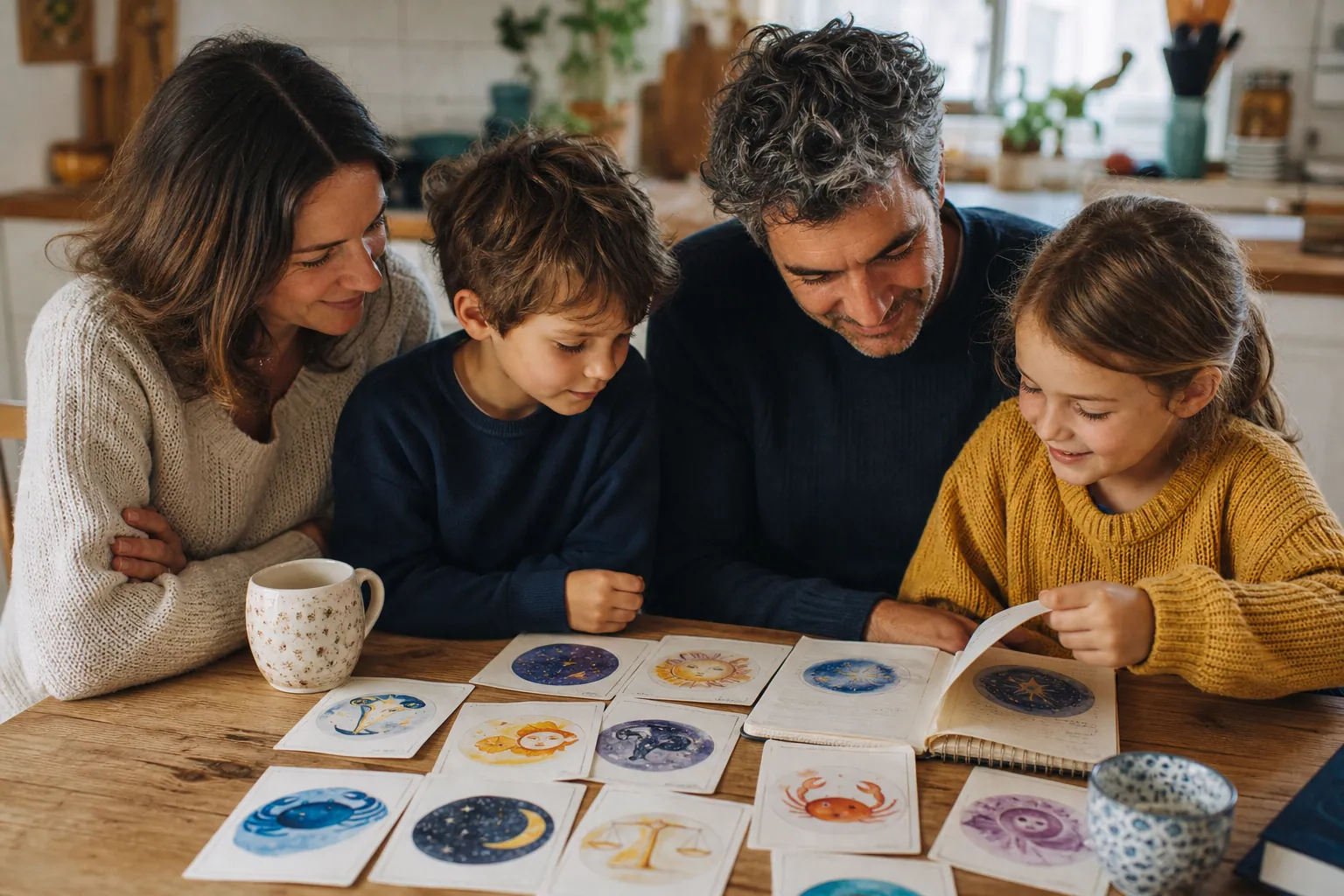 Famille française souriante autour de cartes astrologiques maison