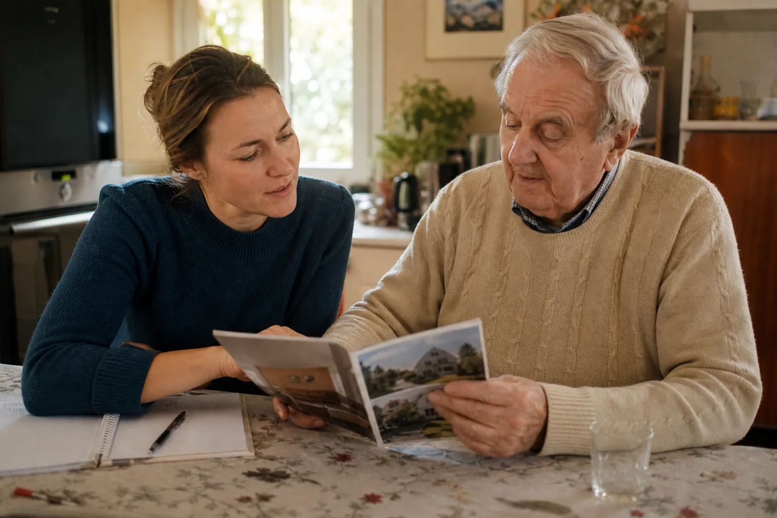Famille française consultant un classement de maisons de retraite autour d’une table.