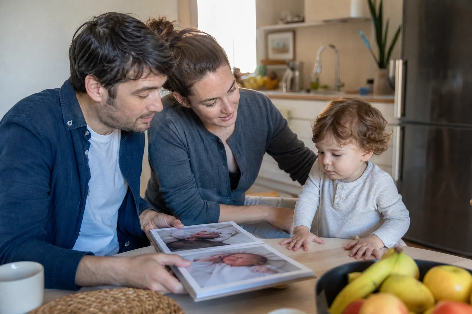 Parents français feuilletant un album photo avec un jeune enfant dans une cuisine lumineuse.