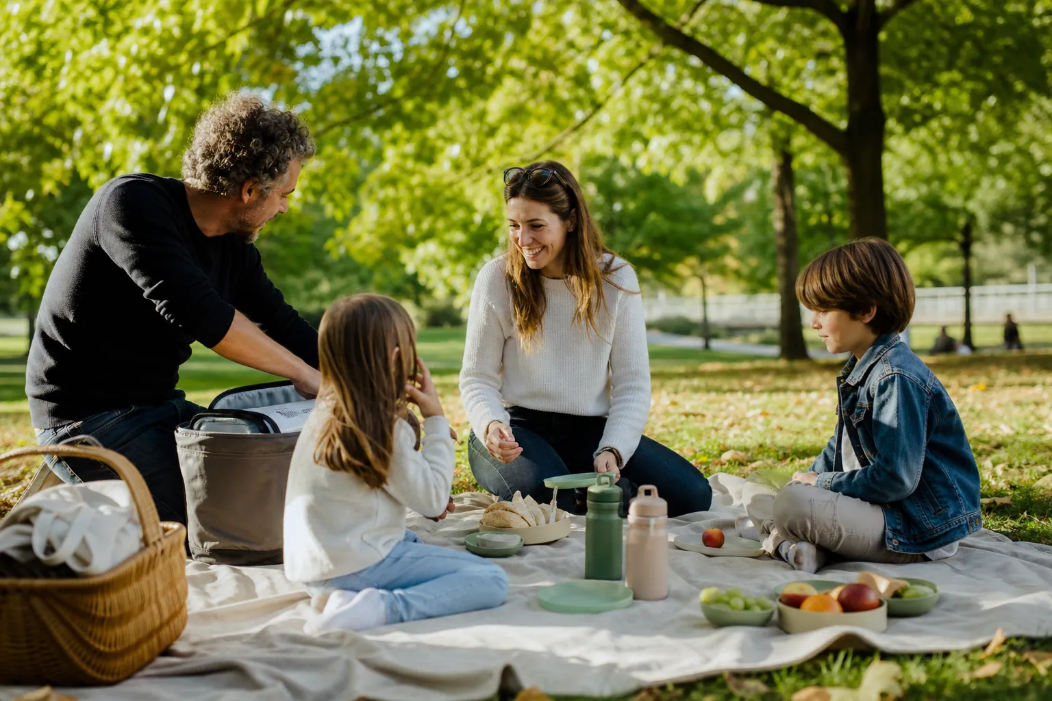 Famille française installée sur une couverture avec panier et glacière pour un pique-nique au parc